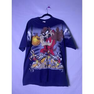 Vintage 1990s Looney Tunes Basketball Allover Print Blue Graphic Shirt Large